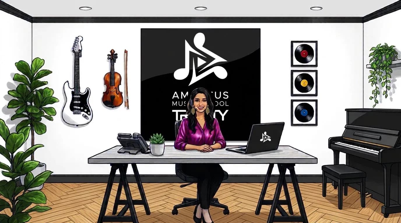 Reception della Amadeus Music School: la segretaria alla scrivania, chitarra elettrica, violino, dischi e pianoforte